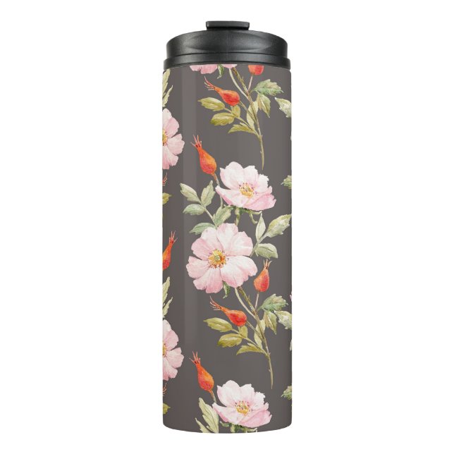 Termo Acuarela Rosa de perro: Patrón floral oscuro (Anverso)
