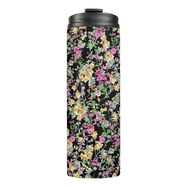 Termo acuarela transparente patrón floral negro (Anverso)