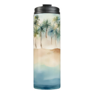 Termo Acuarela Tropical Beach Scene Palms Sand Ocean
