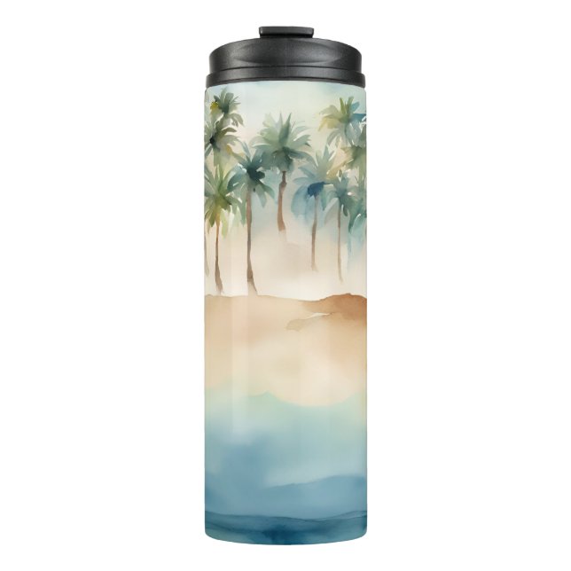 Termo Acuarela Tropical Beach Scene Palms Sand Ocean (Anverso)