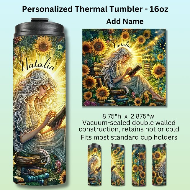 Termo Add Name, Lady Reading in Glow with Sunflowers  (Subido por el creador)