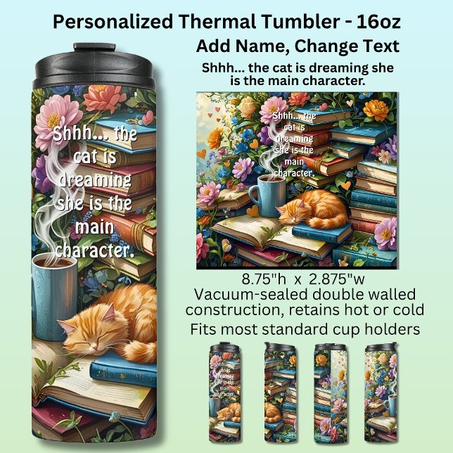 Termo Add Text, Cat is Dreaming, Books, Coffee, Flowers (Subido por el creador)