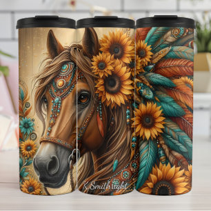 Termo Adorno de caballo floral de girasol y pluma