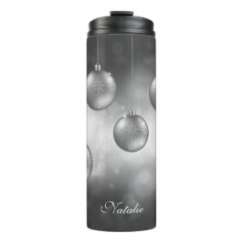 Termo Adornos Navideños Gris Plata Con Nombre Personaliz