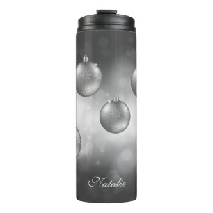 Termo Adornos Navideños Gris Plata Con Nombre Personaliz