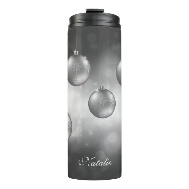 Termo Adornos Navideños Gris Plata Con Nombre Personaliz (Anverso)