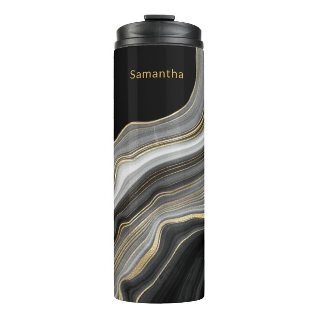 Termo Agate de lujo monogramado negro oro y gris (Anverso)