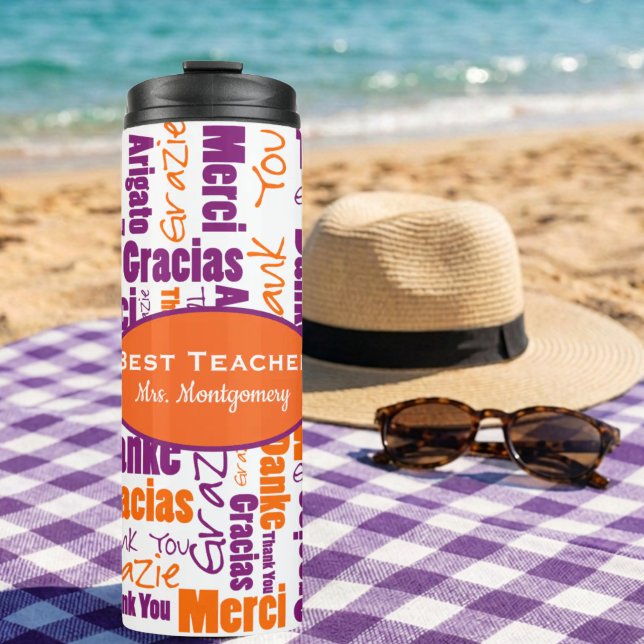 Termo Agradecimiento a maestros gracias multilingüe (Multilingual thank you word cloud in purple and orange with two sized template text.)