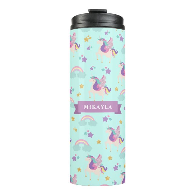 Termo Aguamarina | Tumbler térmico con unicornio arcoiri (Anverso)