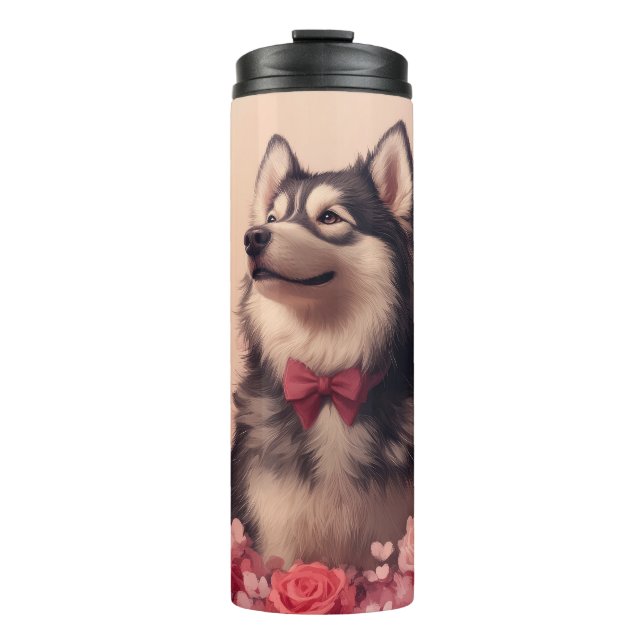 Termo Alaskan Malamute con Rosas - Día de San Valentín  (Anverso)