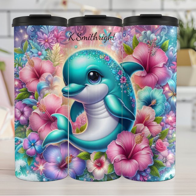 Termo Alegres espumas de fantasía floral de delfines (Subido por el creador)