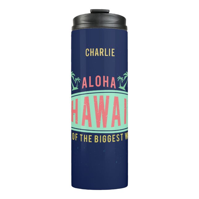 Termo Aloha Hawaiian Surfer nombre personalizado tumbler (Anverso)