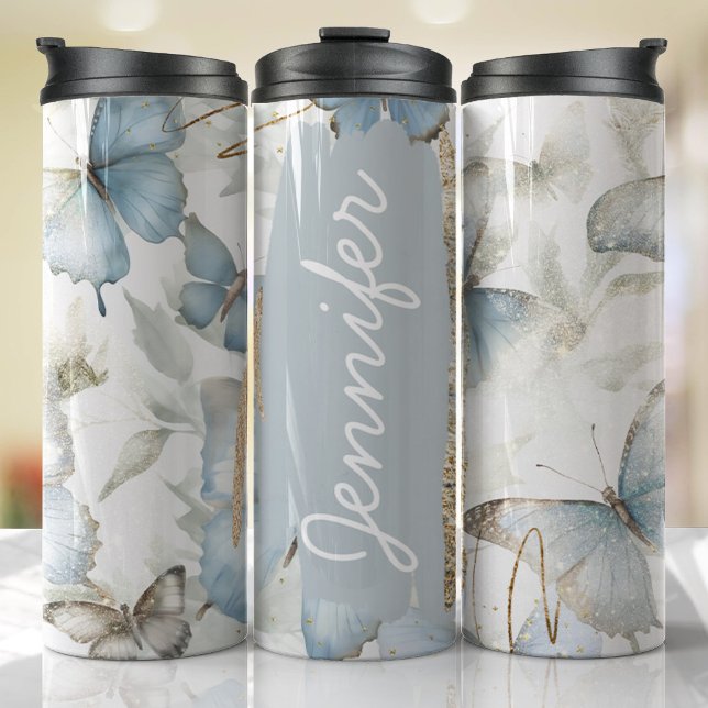 Termo Añadir nombre azul mariposa Personalizado regalo (Floral Tumbler )