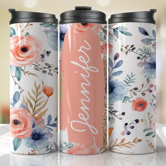 Termo Añadir Nombre Peach Y Blue Floral Personalizado Re (Floral Tumbler )