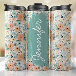 Termo Añadir un nombre Rosas Peach Personalizado Floral