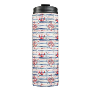 Termo Anclas Florales Rayas Azul Rojo Playa 