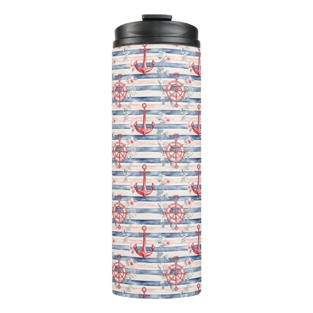 Termo Anclas Florales Rayas Azul Rojo Playa  (Anverso)