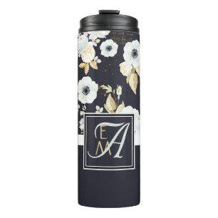 Termo Anémona decorativa floral en azul marino y blanco 