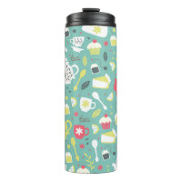 Antecedentes con teteras, tazas, limón, flores a