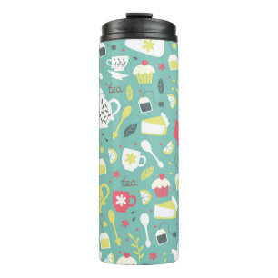 Termo Antecedentes con teteras, tazas, limón, flores a