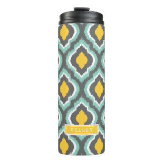 Termo Aqua gris y monograma marroquí de Ikat amarillo