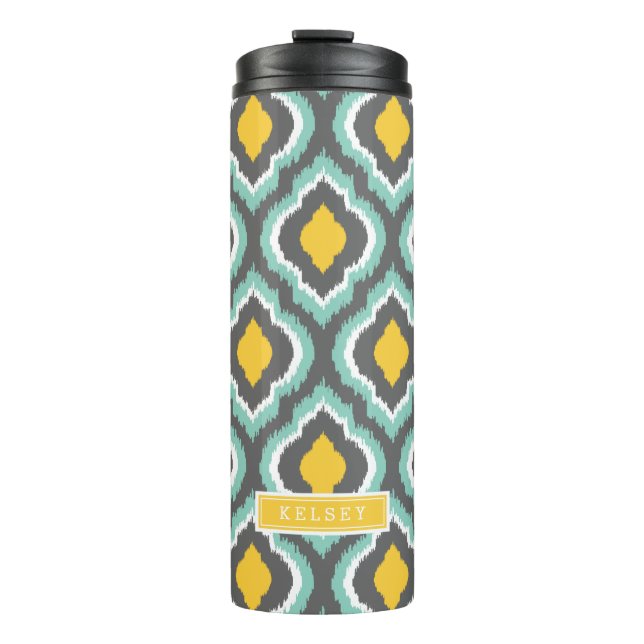 Termo Aqua gris y monograma marroquí de Ikat amarillo (Anverso)