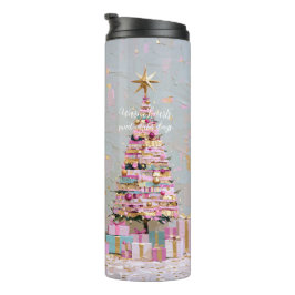 Termo Árbol de Navidad rosa y dorado con empaste