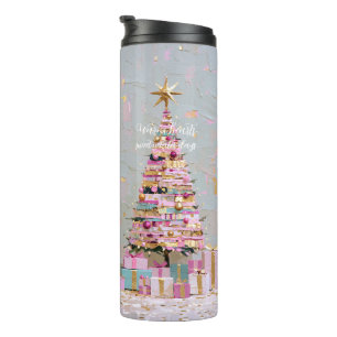 Termo Árbol de Navidad rosa y dorado con empaste
