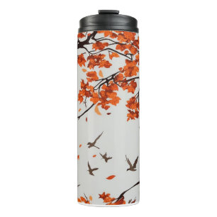 Termo Árbol de otoño con hojas y pájaros.