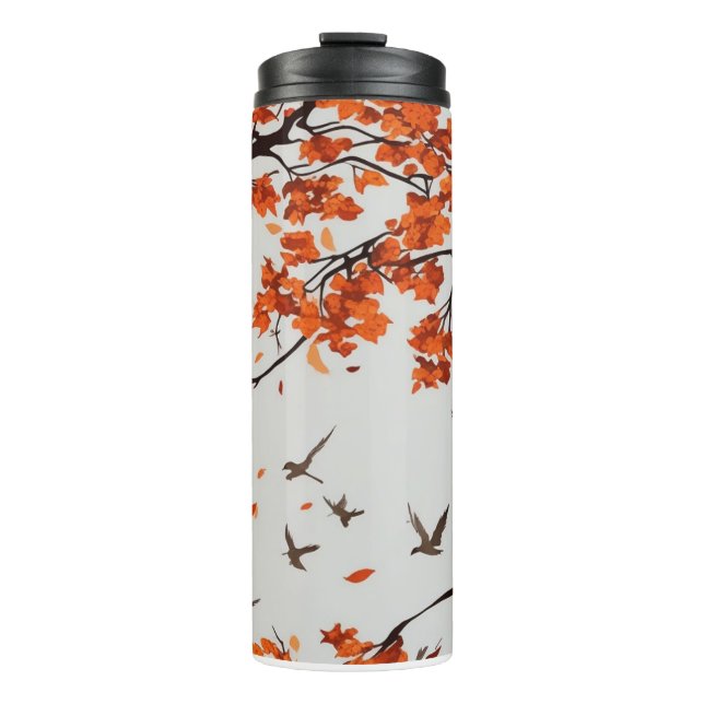 Termo Árbol de otoño con hojas y pájaros. (Anverso)