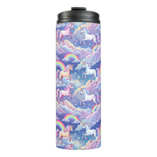 Termo Arcoíris brillante y unicornios en nubes