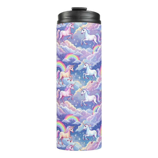Termo Arcoíris brillante y unicornios en nubes (Anverso)