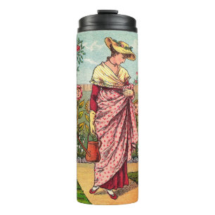 Termo Arte Antiguo Mujer Flor Creciente Jardín