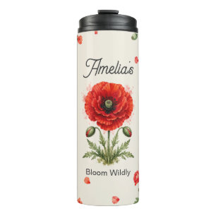 Termo Arte botánico monograma floral de amapola roja acu
