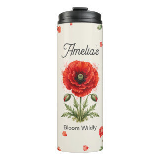 Termo Arte botánico monograma floral de amapola roja acu