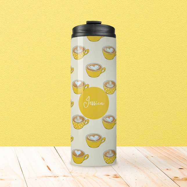 Termo Arte de latte lindo en el patrón de tazas de café  (Yellow Latte Art with Custom Name Thermal Tumbler)