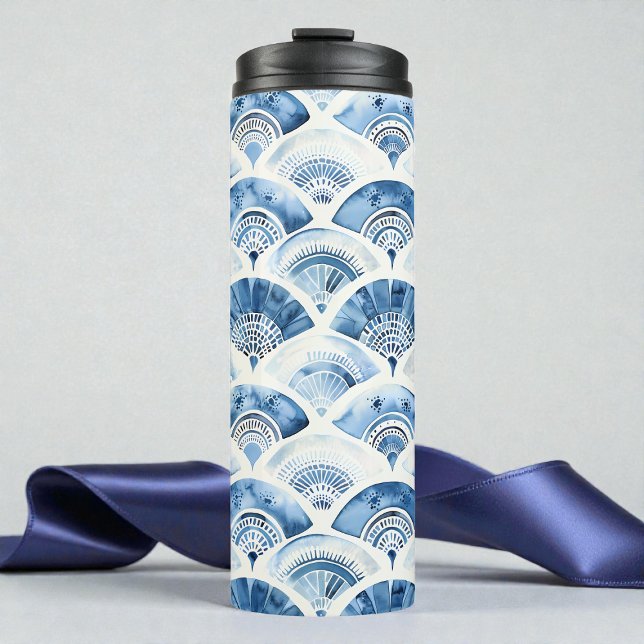 Termo Arte Deco geométrico de gradiente acuarela azul oc (Ocean Blue Watercolor Geometric Gradient Art Deco Thermal Tumbler)
