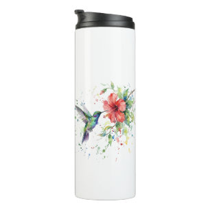 Termo Arte floral acuarela de pájaro colibrí colorido de
