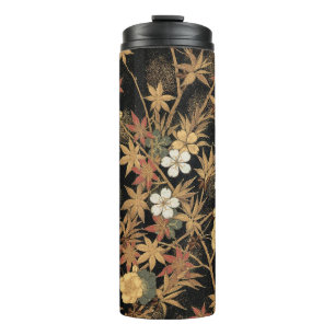 Termo Arte Floral de Otoño Vintage Japonés Negro Dorado