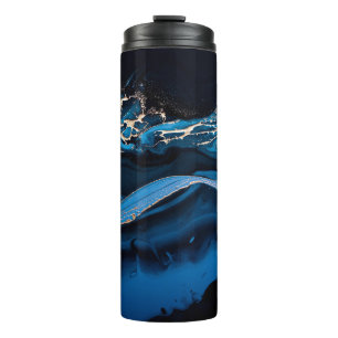 Termo Arte fluido. Oro metálico líquido en azul abstract