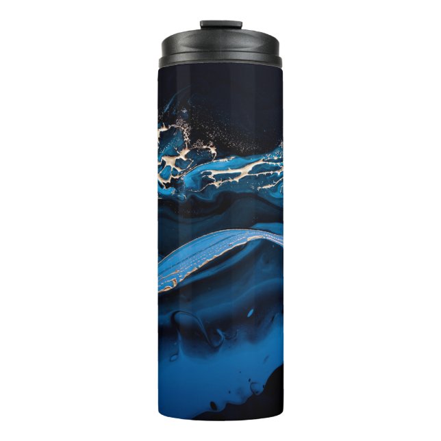 Termo Arte fluido. Oro metálico líquido en azul abstract (Anverso)