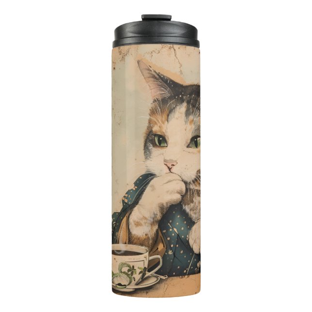 Termo Arte japonés vintage lindo gato con una taza de té (Anverso)