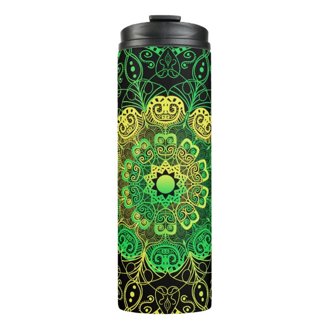 Termo Arte Mandala: Detalle amarillo verde. (Anverso)