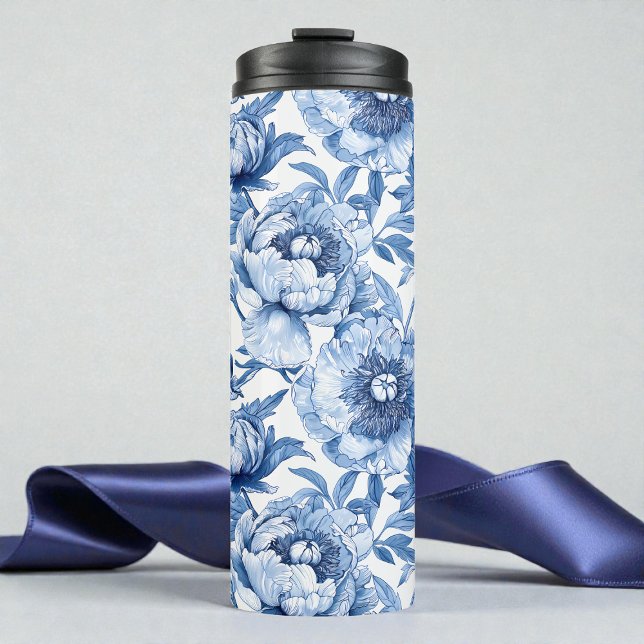 Termo Arte Nouveau en porcelana azul botánico floral (Botanical Blue Floral Art Nouveau Porcelain Flower Thermal Tumbler)