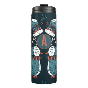 Termo Arte Popular Navideño Monograma Búhos Árboles Rojo