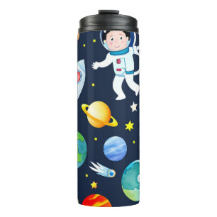 Termo Astronauta en el patrón de planetas y cohetes espa