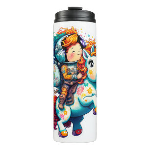 Termo Astronauta montando una tibia y colorida unicornio