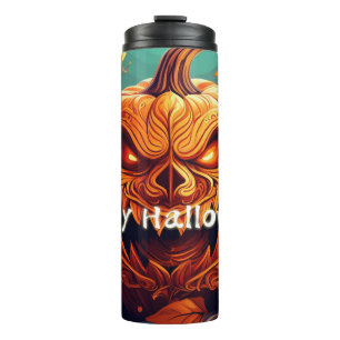 Termo Asustada Naranja Calabaza con cara, Halloween