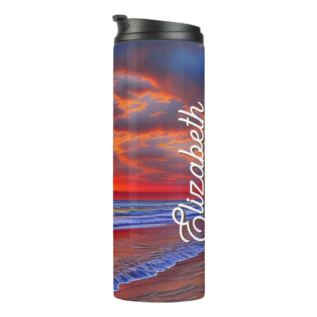 Termo Atardecer tropical con nombre personalizado (Rotado hacia la derecha)