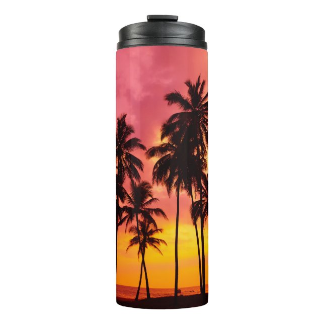 Termo Atardecer tropical: Serenidad de la silueta de la  (Anverso)